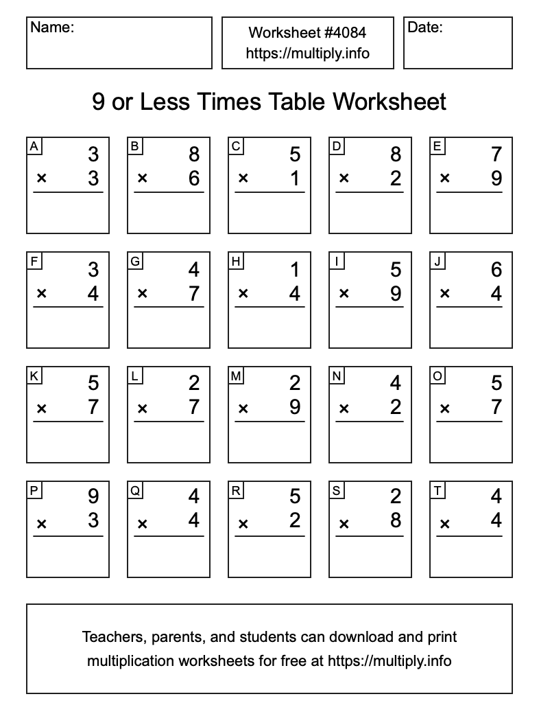 9 or less Times Table Worksheet #4084