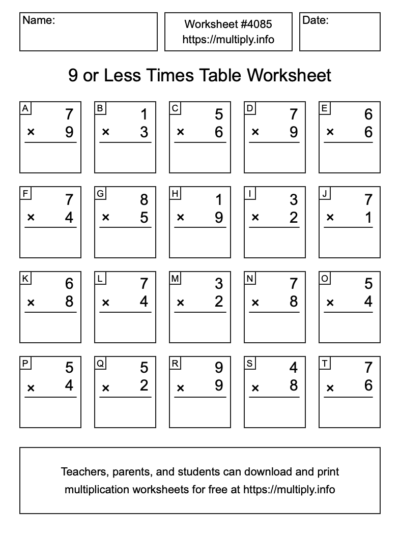 9 or less Times Table Worksheet #4085