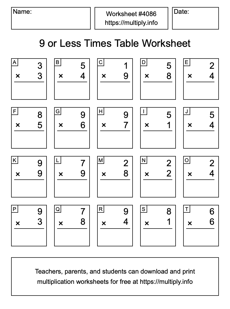 9 or less Times Table Worksheet #4086