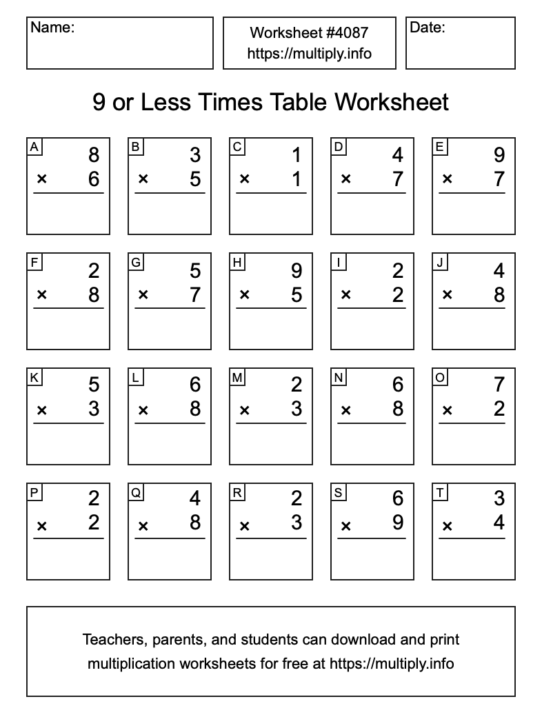 9 or less Times Table Worksheet #4087