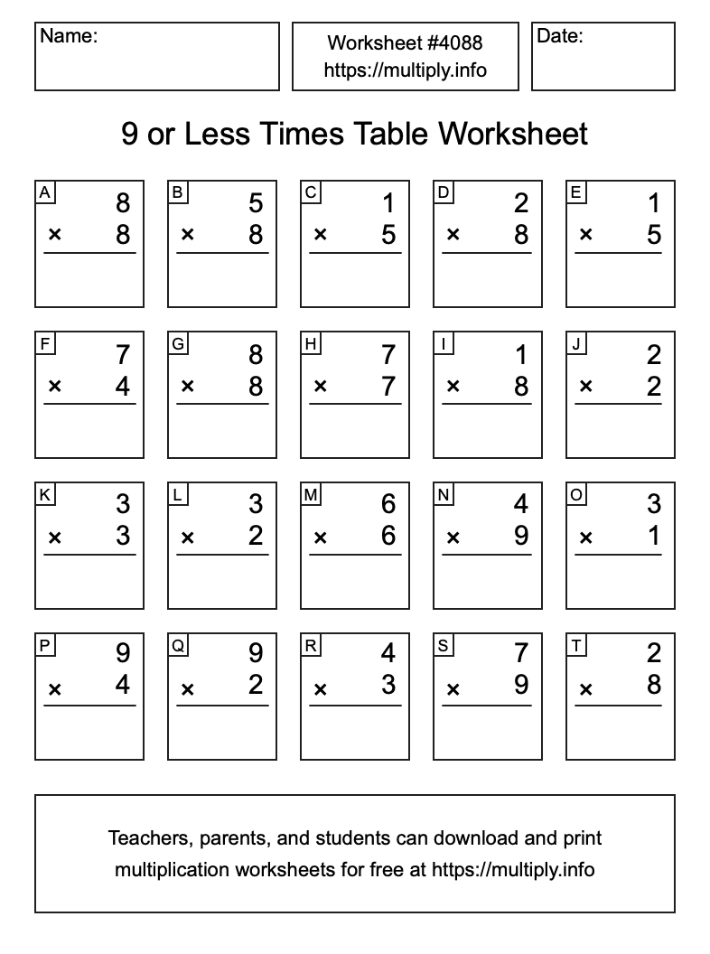 9 or less Times Table Worksheet #4088