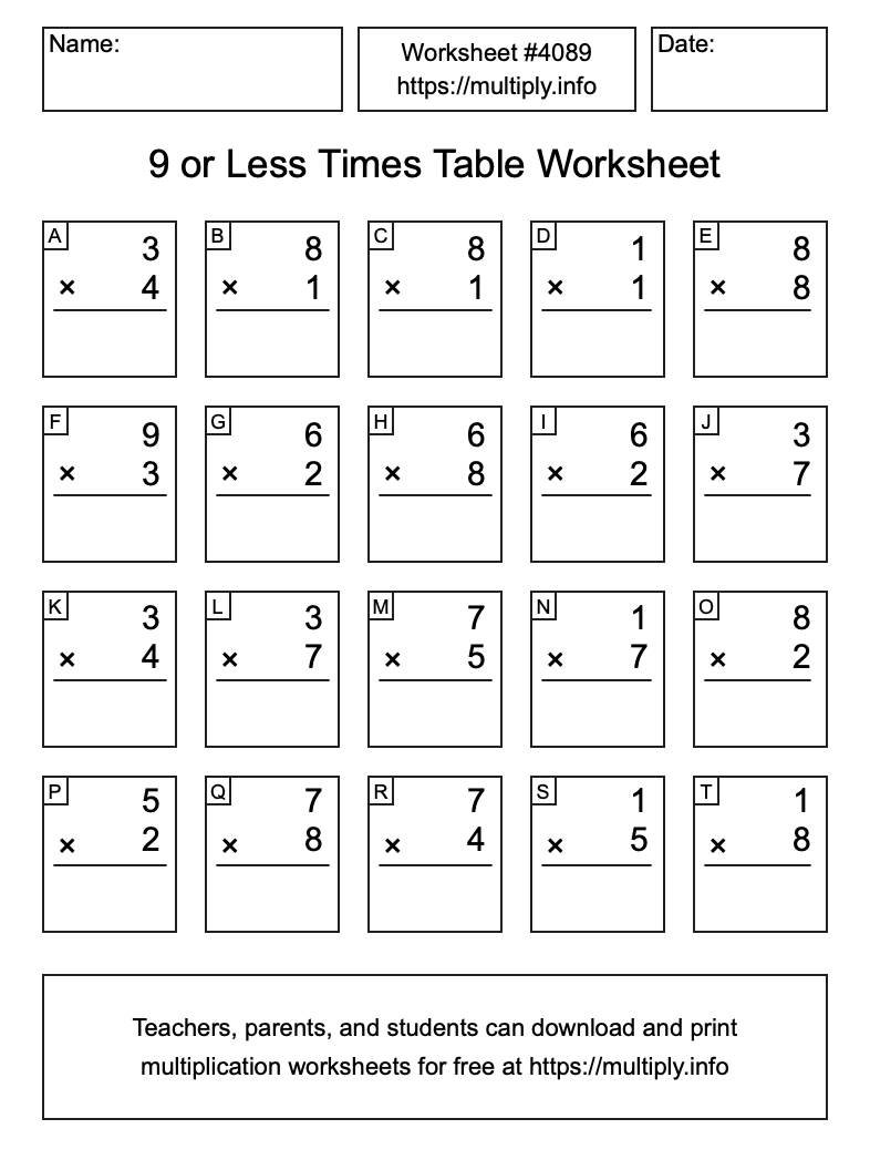 9 or less Times Table Worksheet #4089