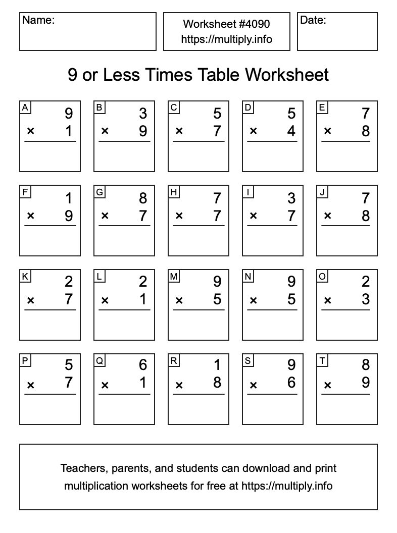 9 or less Times Table Worksheet #4090