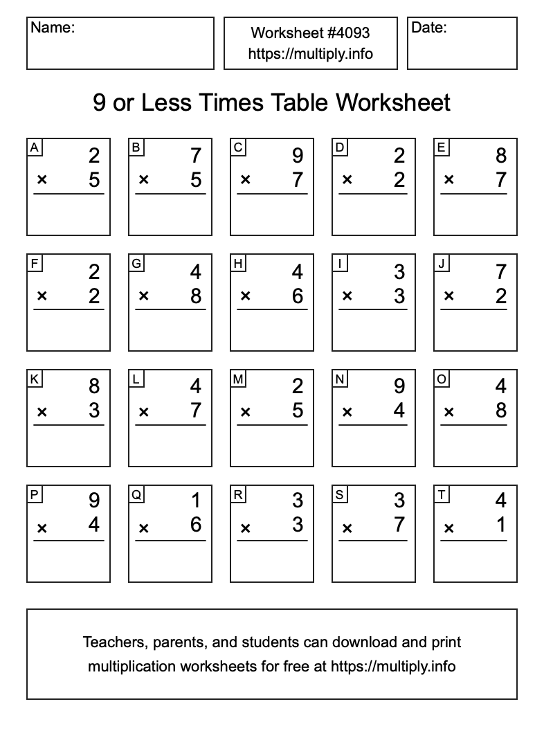 9 or less Times Table Worksheet #4093