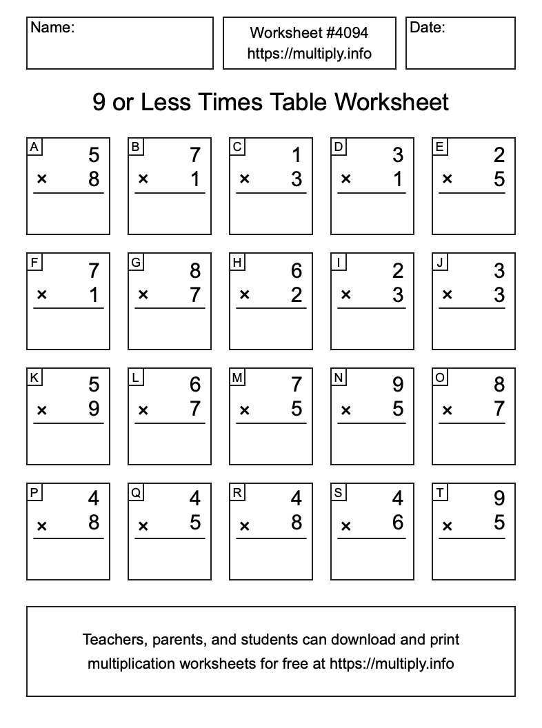9 or less Times Table Worksheet #4094
