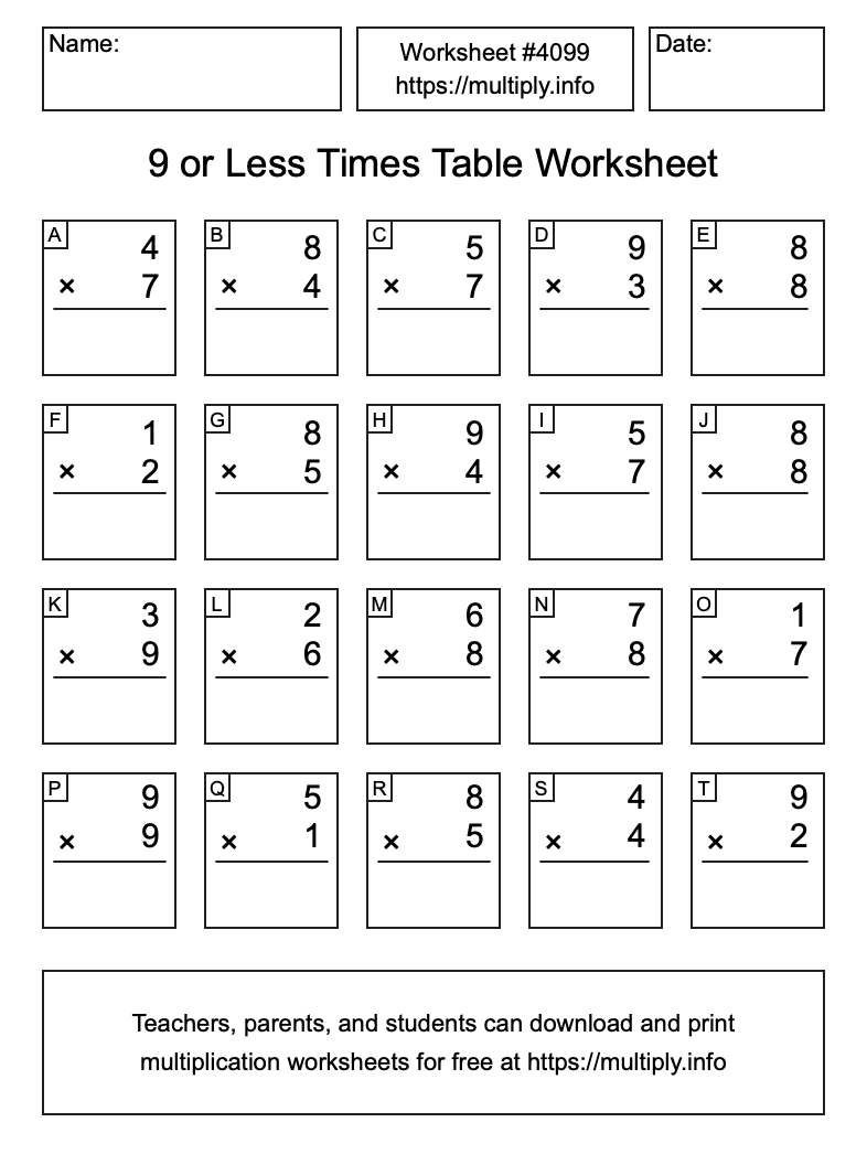 9 or less Times Table Worksheet #4099