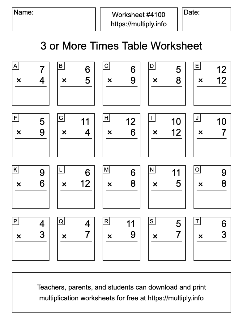 3 or more Times Table Worksheet #4100
