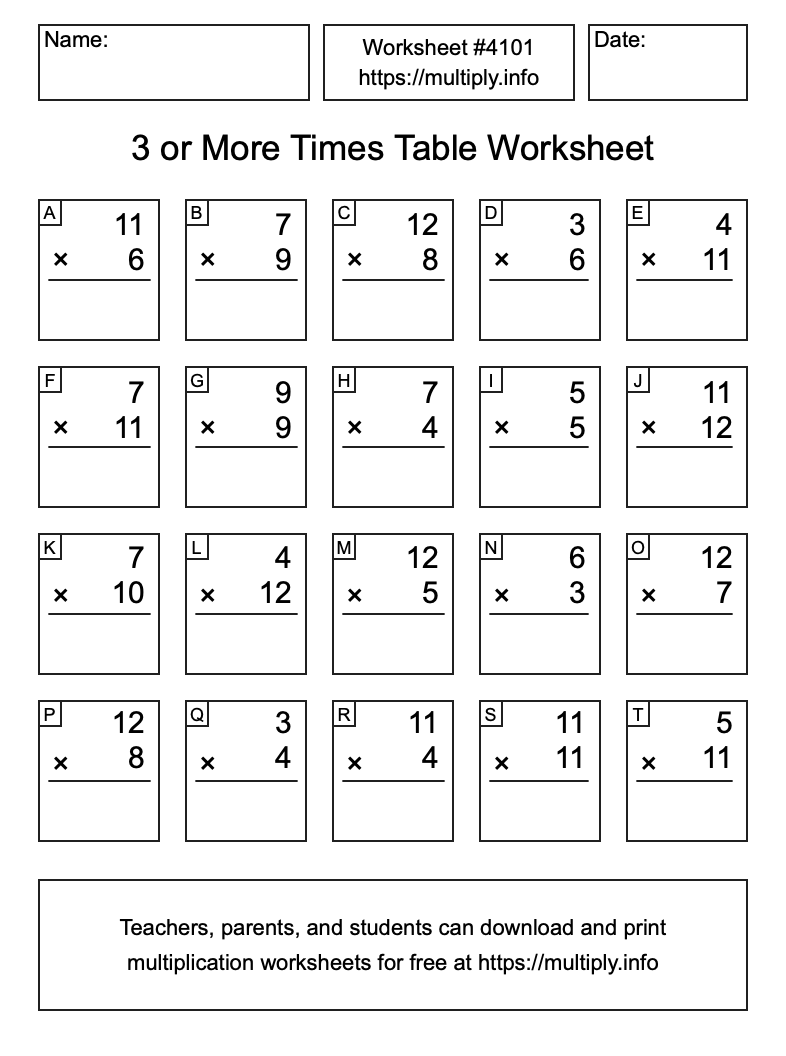 3 or more Times Table Worksheet #4101