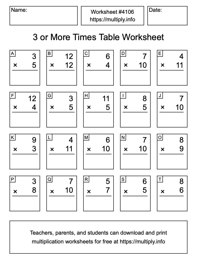3 or more Times Table Worksheet #4106