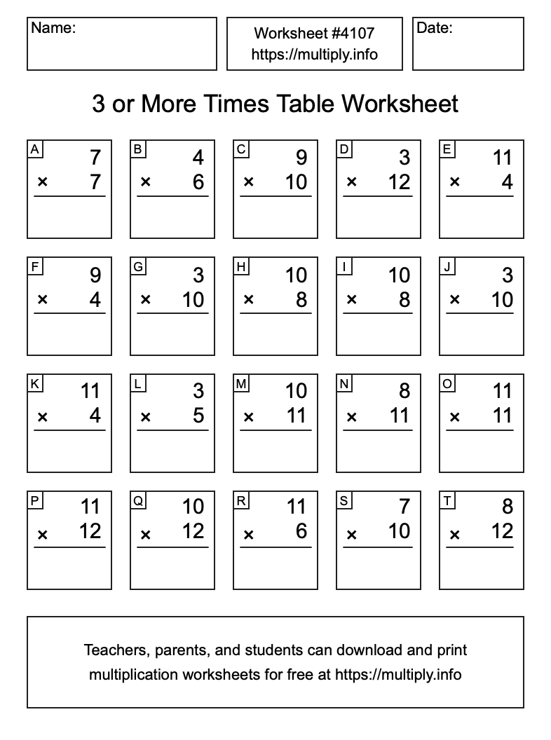 3 or more Times Table Worksheet #4107