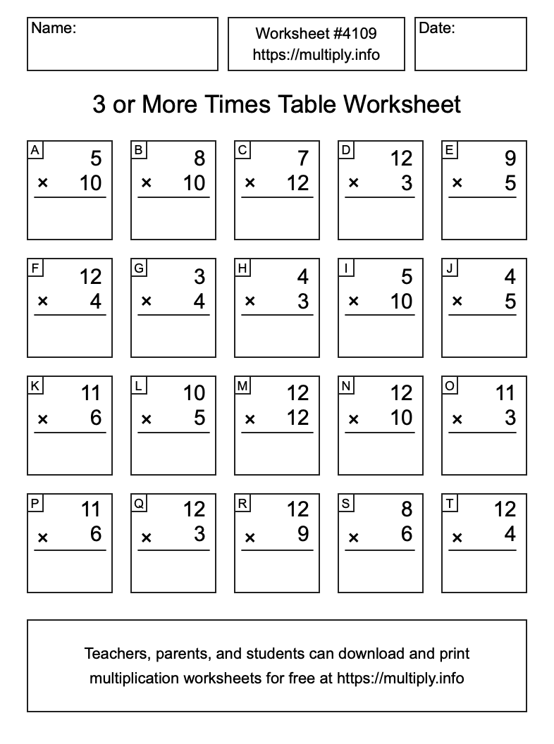 3 or more Times Table Worksheet #4109