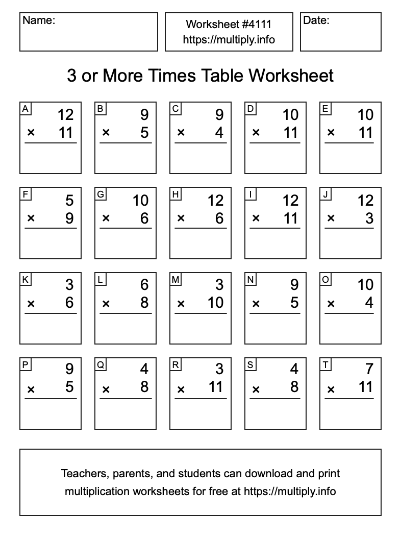 3 or more Times Table Worksheet #4111