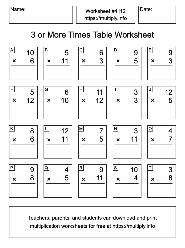 3 or more Times Table Worksheet #4112