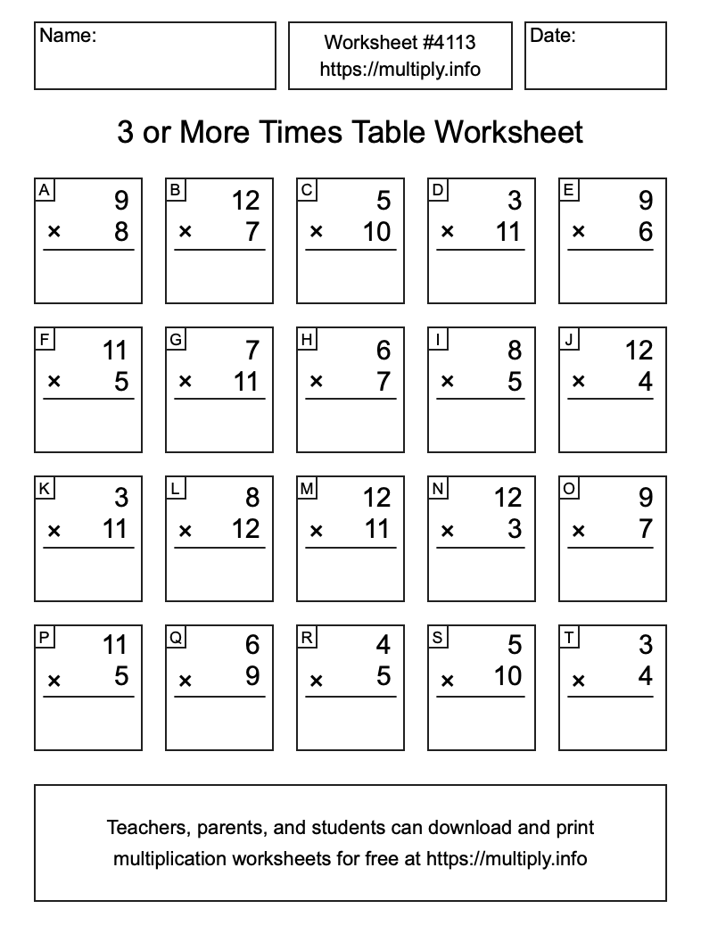 3 or more Times Table Worksheet #4113