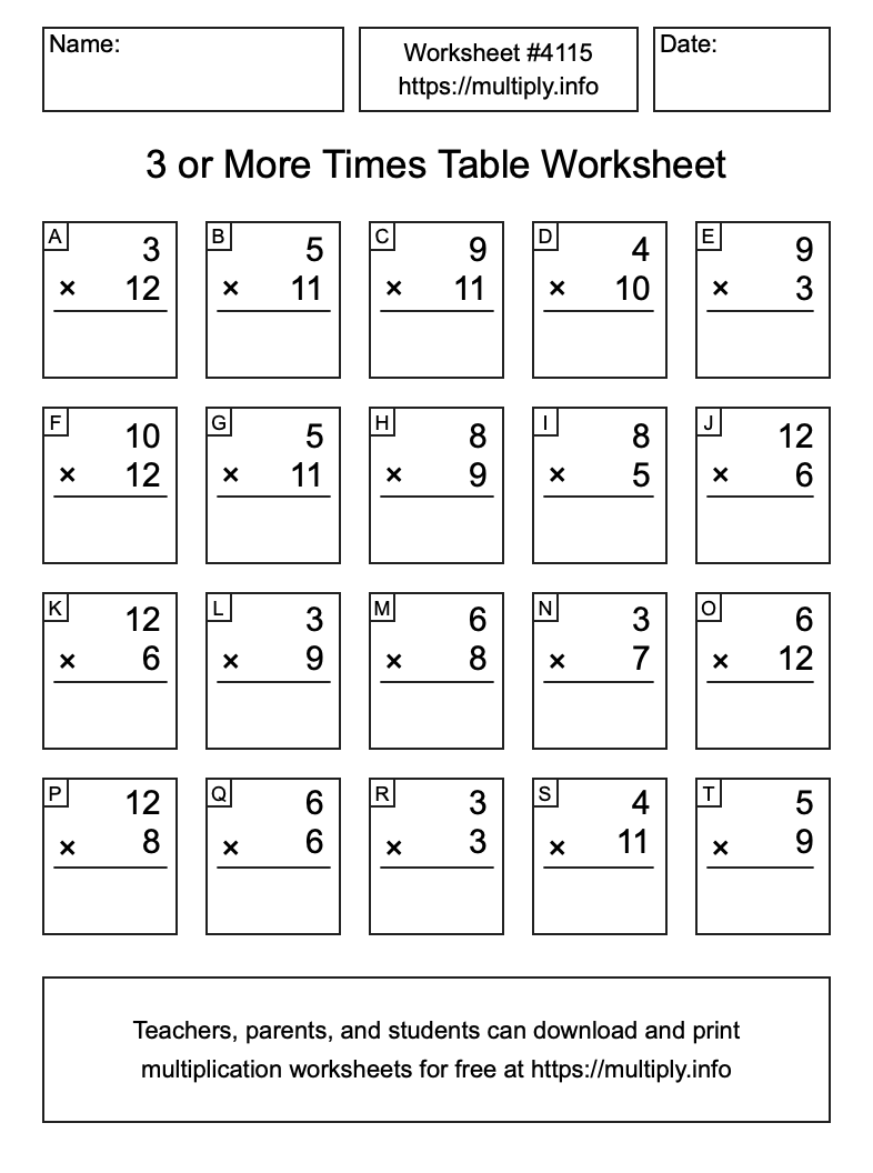 3 or more Times Table Worksheet #4115