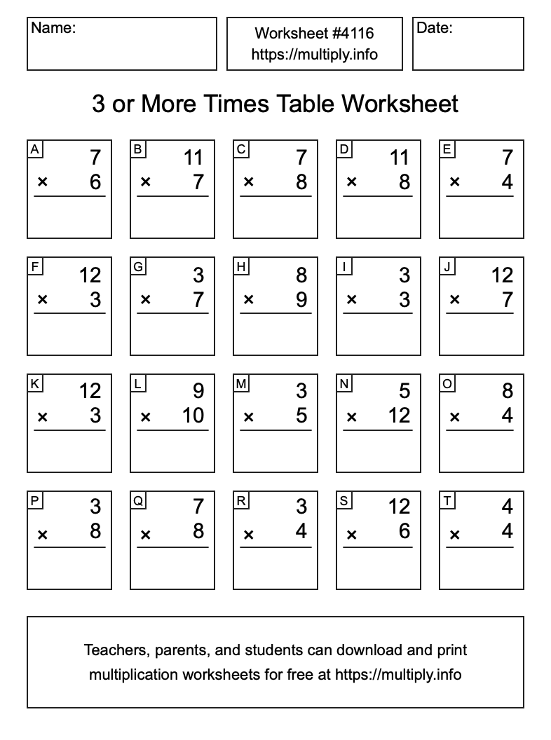 3 or more Times Table Worksheet #4116