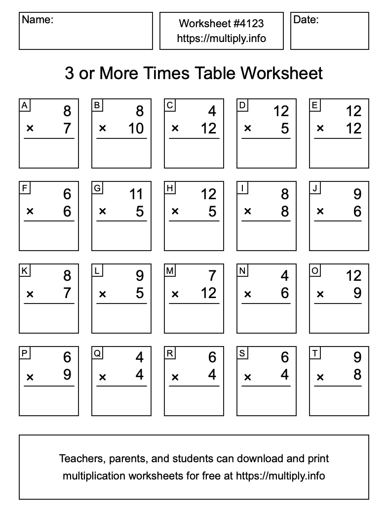 3 or more Times Table Worksheet #4123