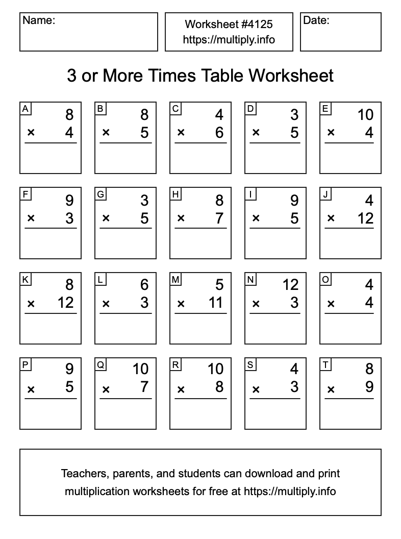 3 or more Times Table Worksheet #4125