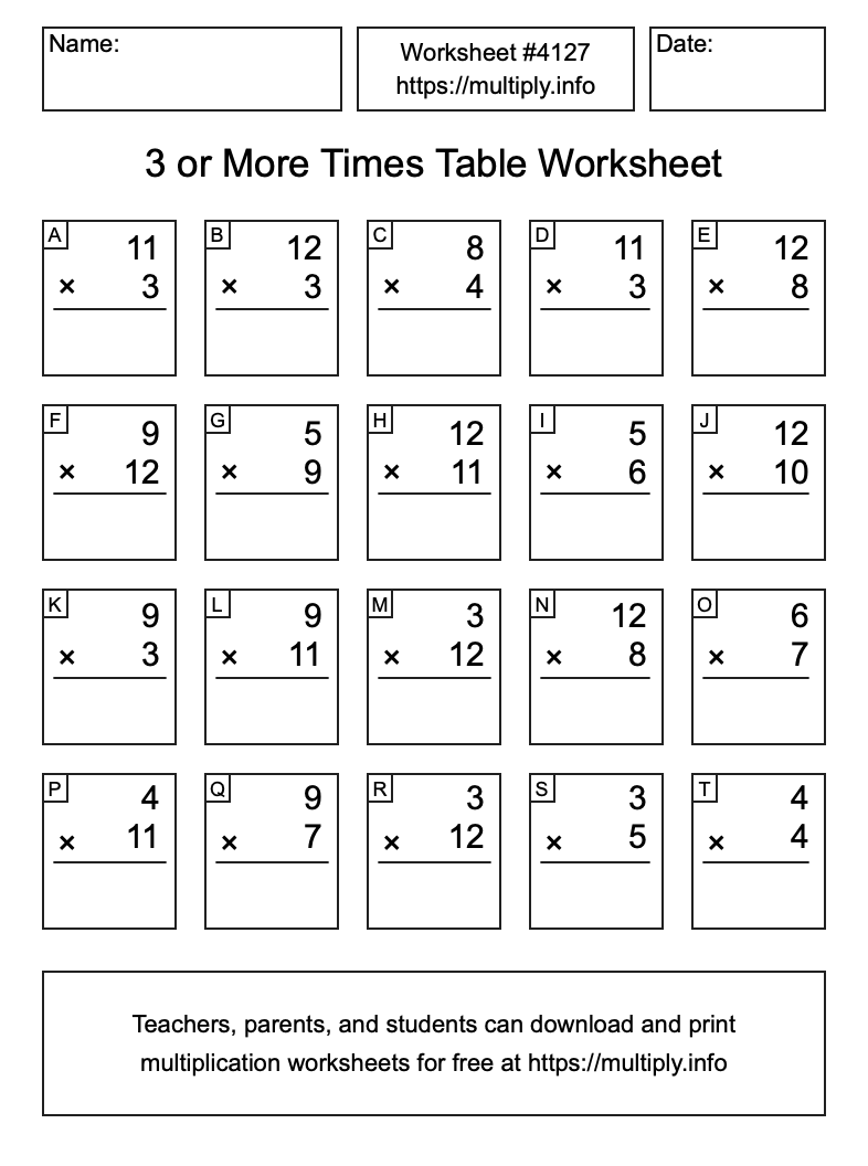 3 or more Times Table Worksheet #4127