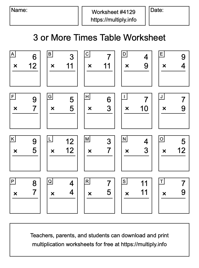 3 or more Times Table Worksheet #4129