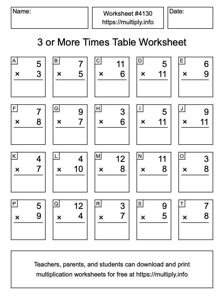 3 or more Times Table Worksheet #4130