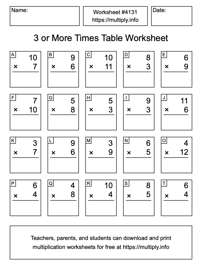 3 or more Times Table Worksheet #4131