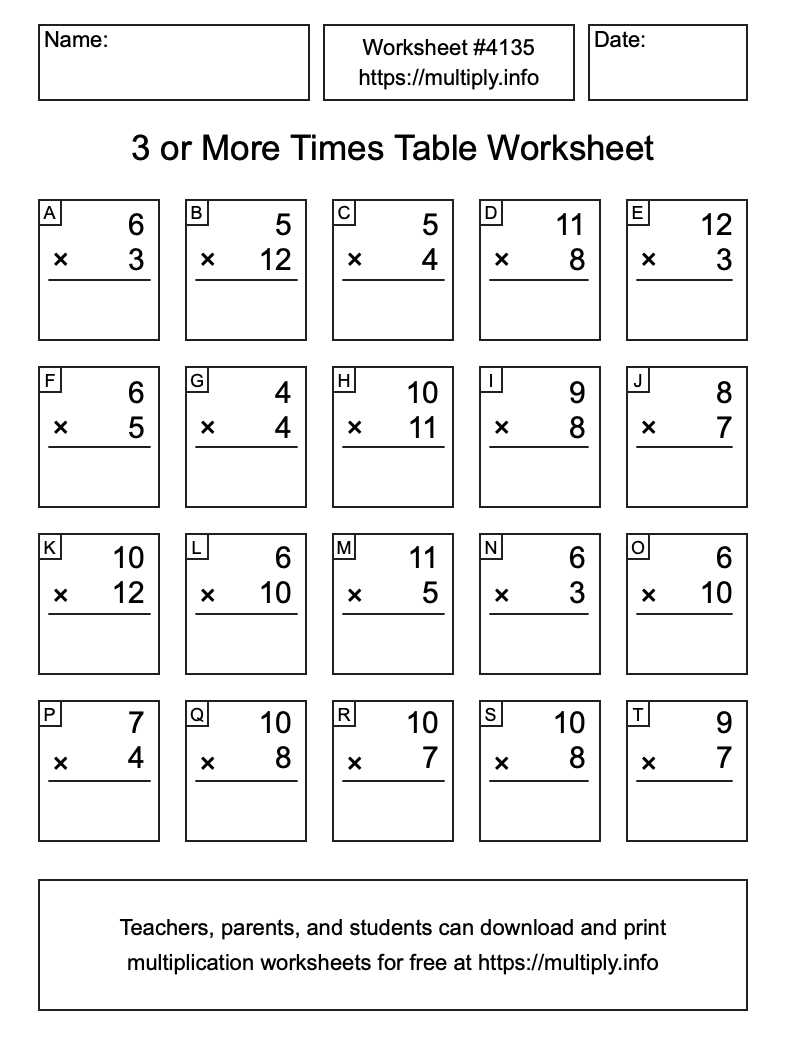 3 or more Times Table Worksheet #4135