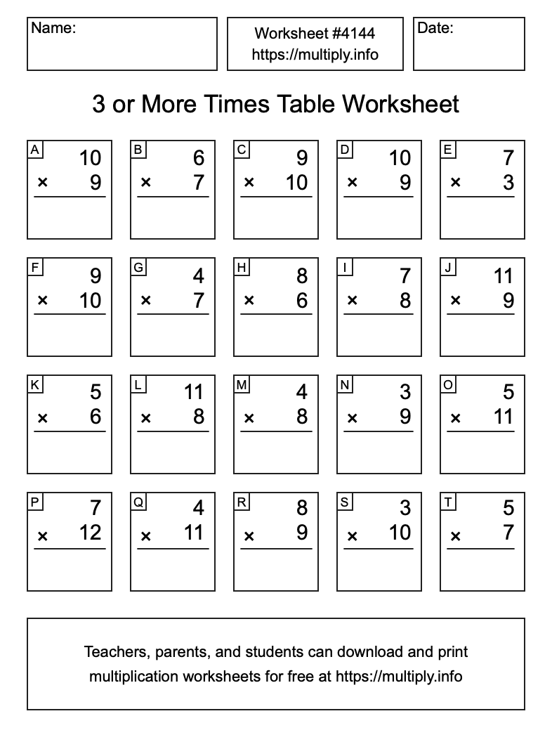3 or more Times Table Worksheet #4144
