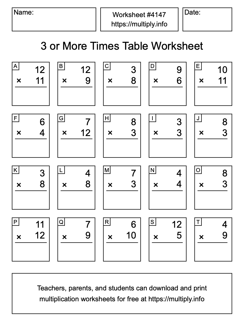3 or more Times Table Worksheet #4147