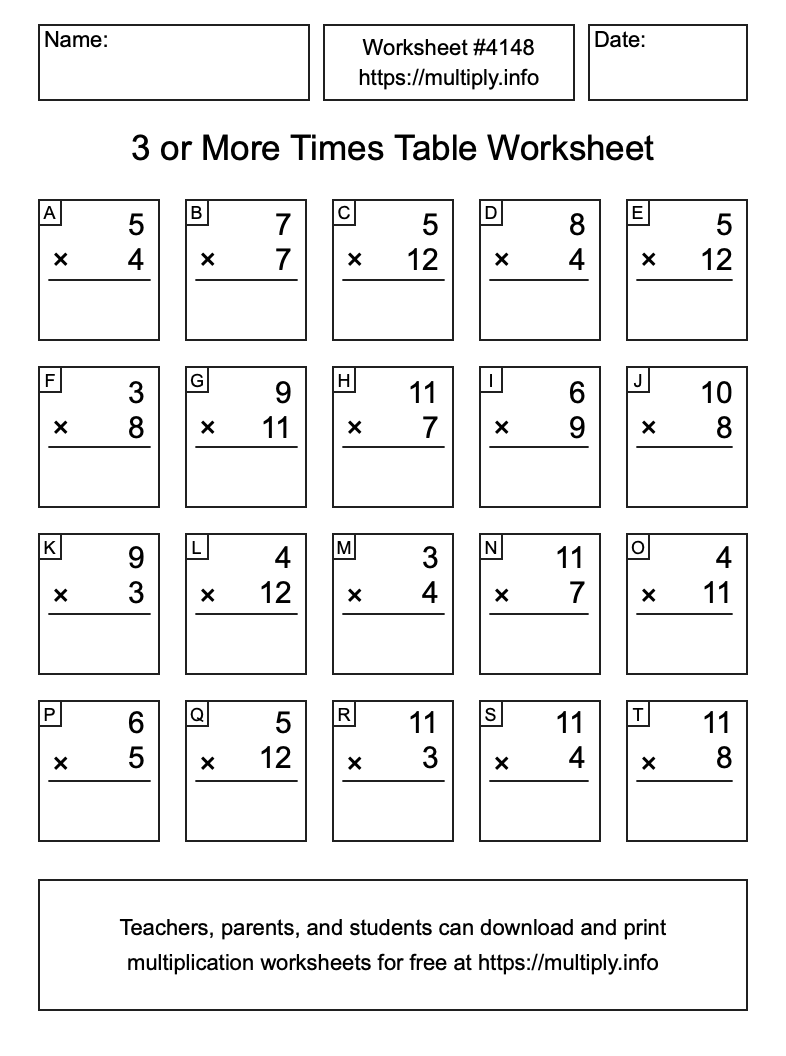 3 or more Times Table Worksheet #4148