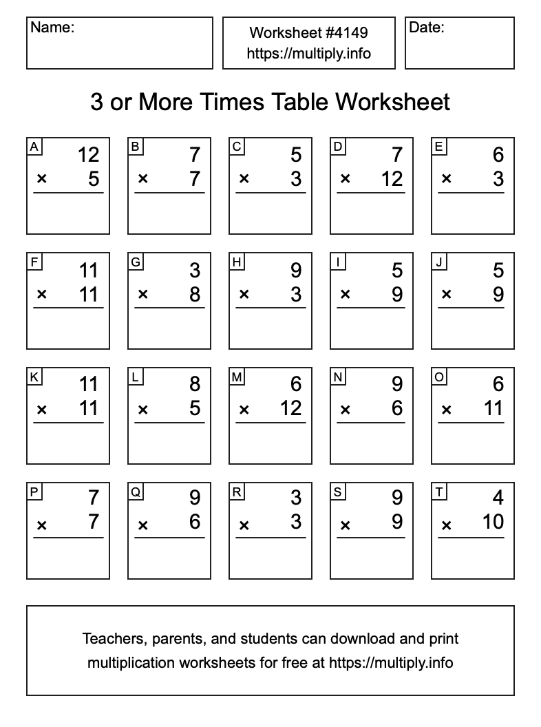 3 or more Times Table Worksheet #4149