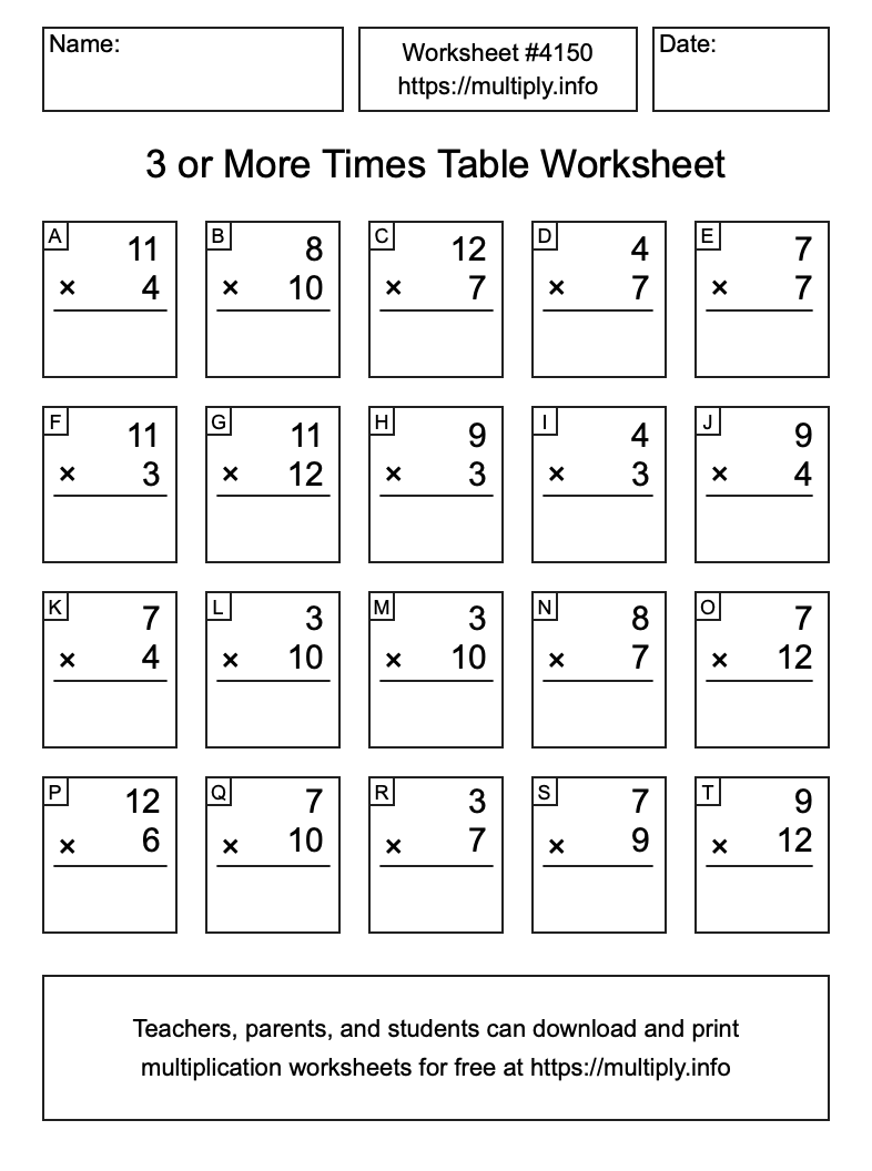 3 or more Times Table Worksheet #4150
