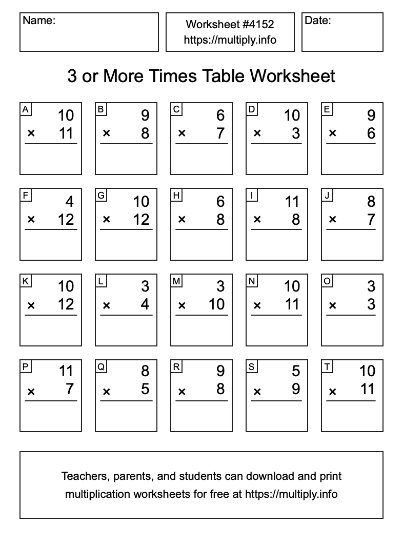 3 or more Times Table Worksheet #4152