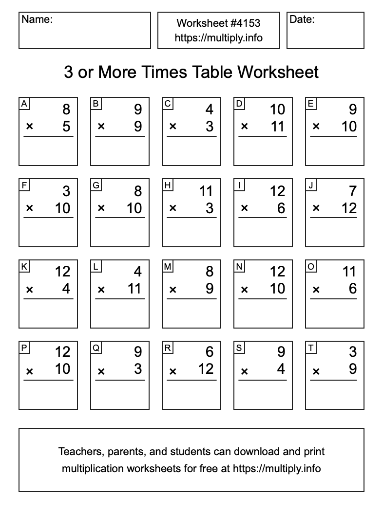 3 or more Times Table Worksheet #4153