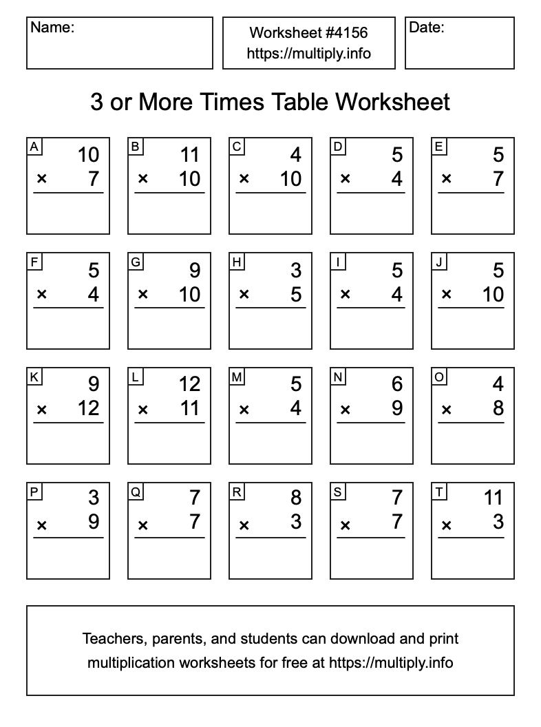 3 or more Times Table Worksheet #4156