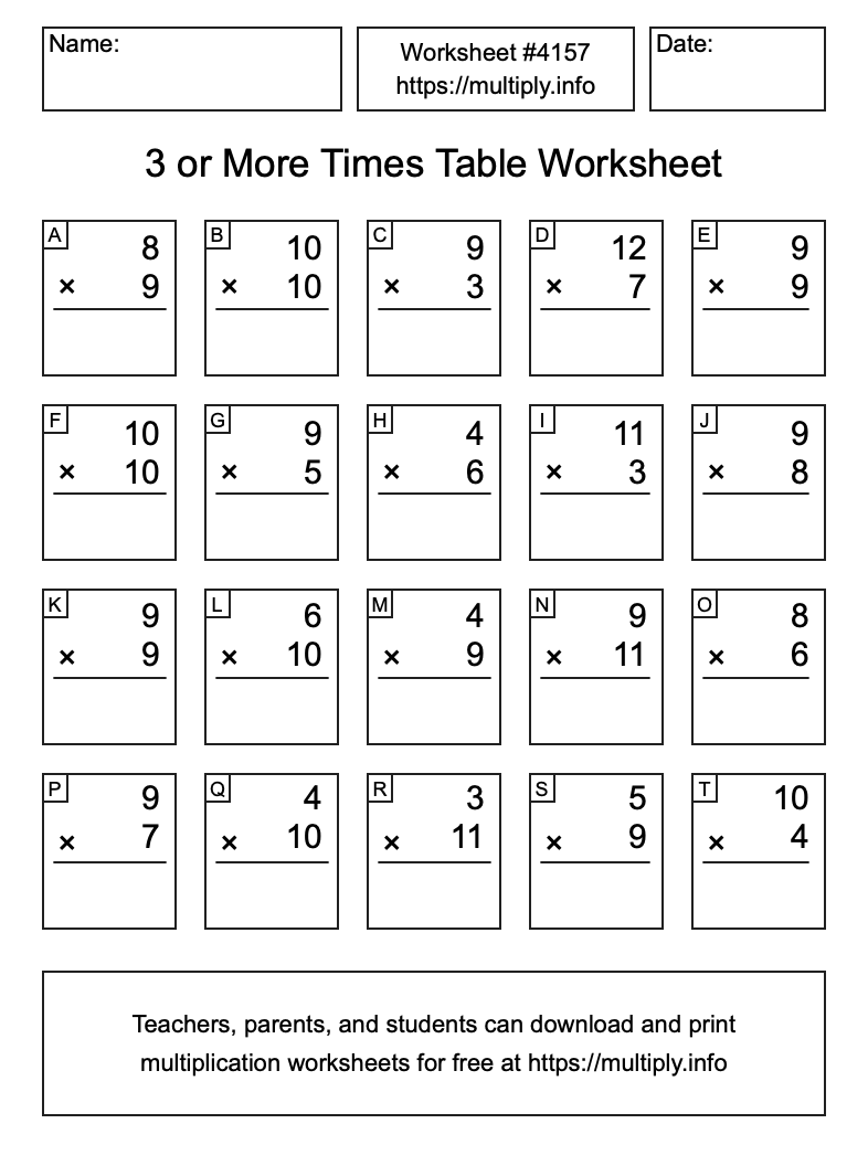 3 or more Times Table Worksheet #4157