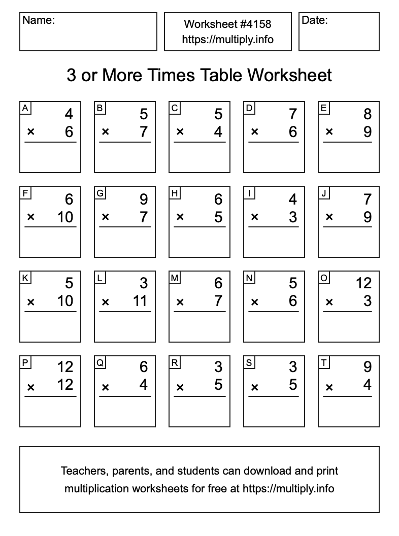 3 or more Times Table Worksheet #4158