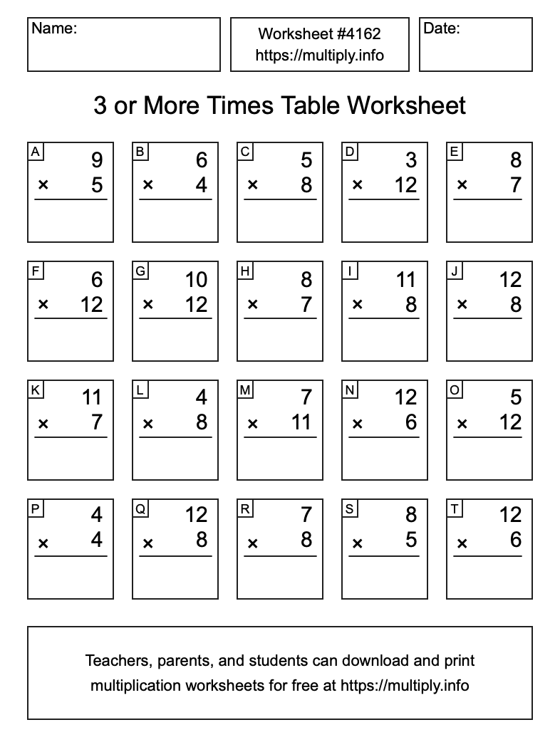 3 or more Times Table Worksheet #4162
