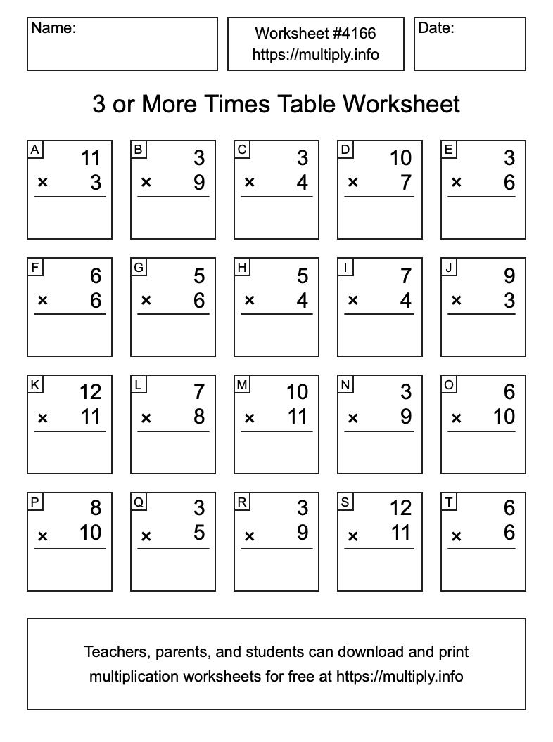 3 or more Times Table Worksheet #4166
