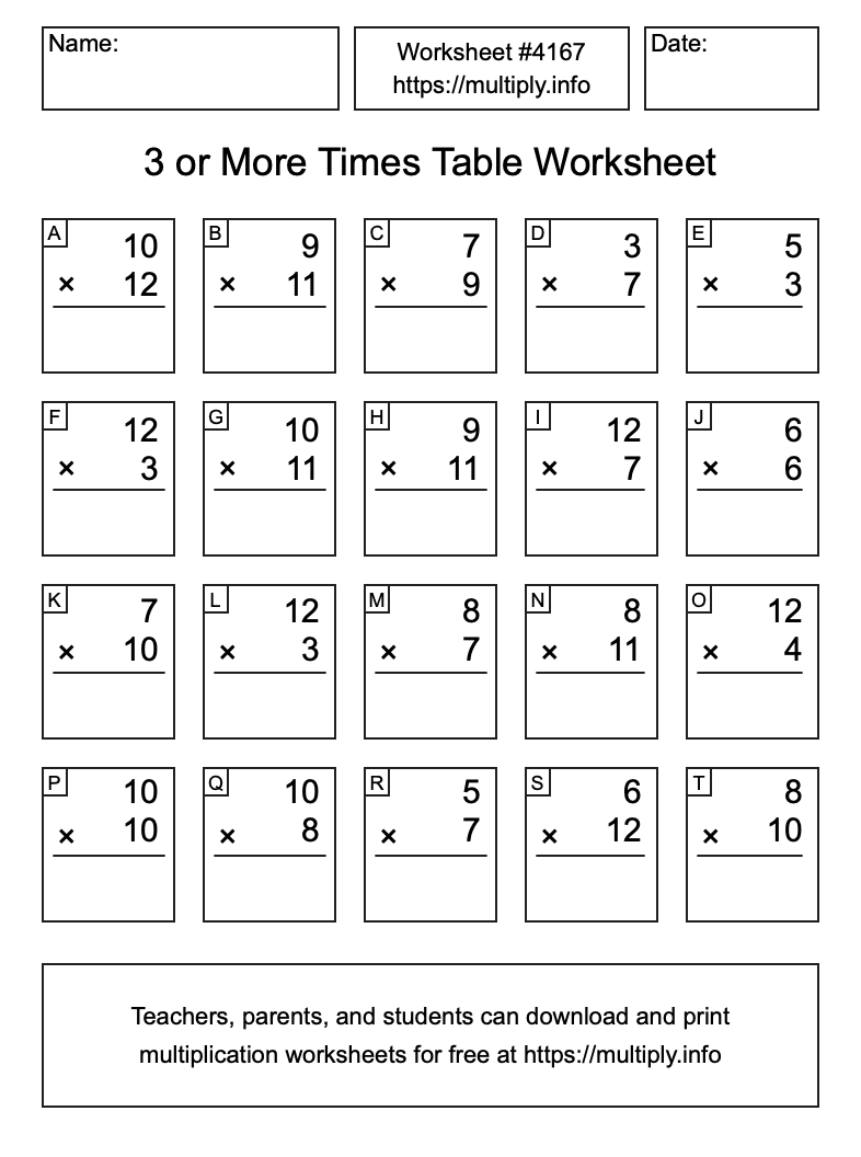 3 or more Times Table Worksheet #4167