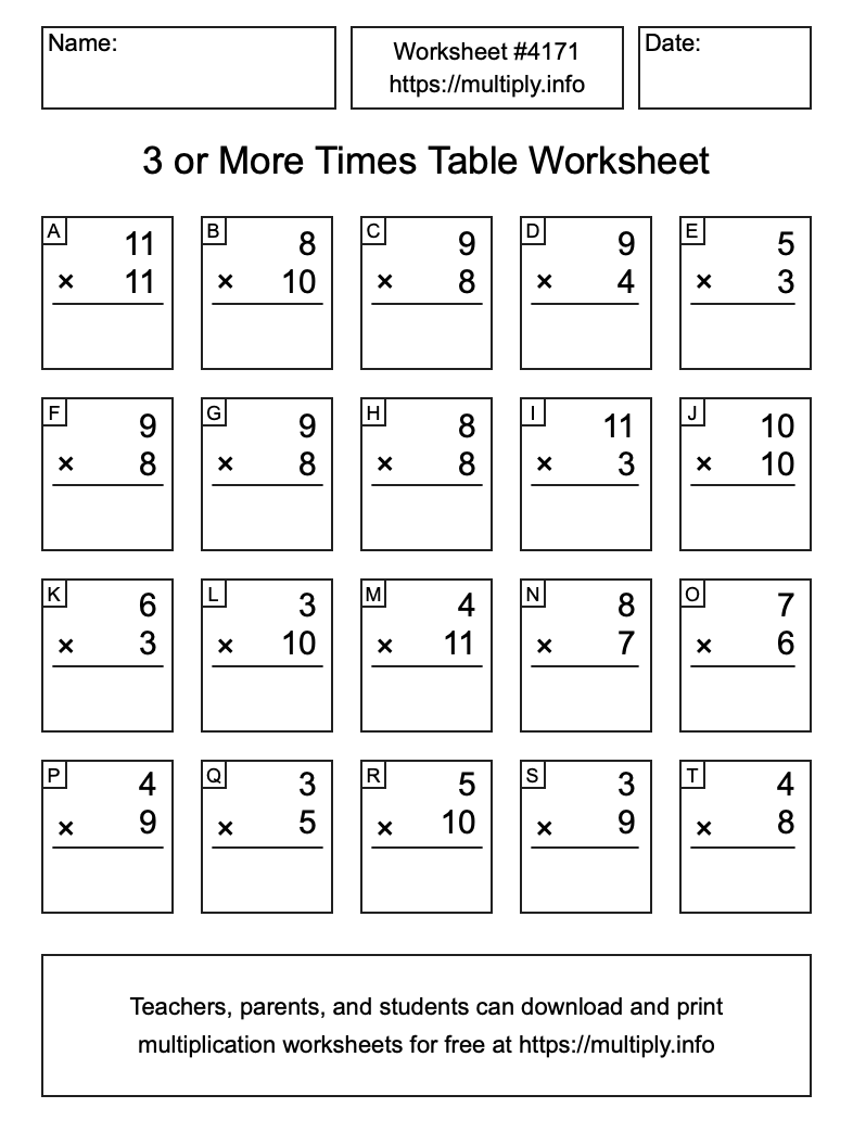 3 or more Times Table Worksheet #4171
