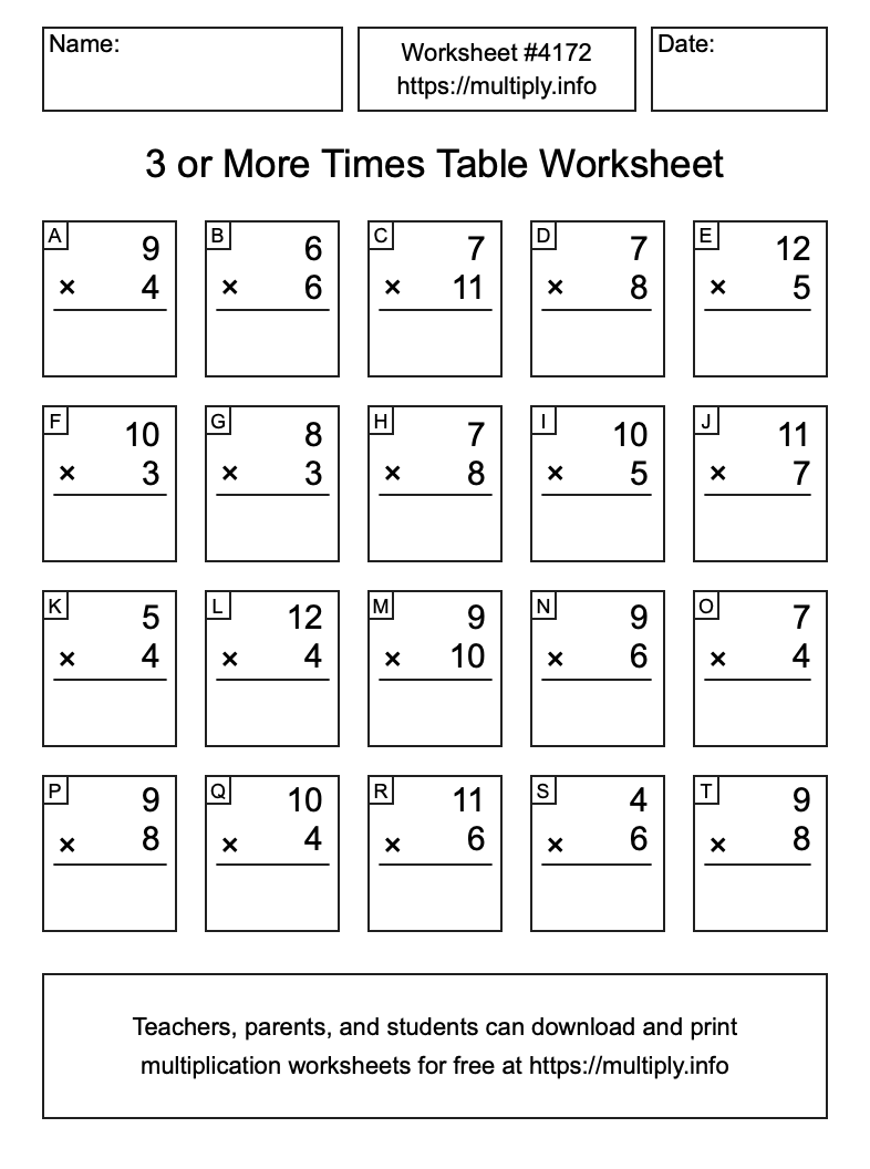 3 or more Times Table Worksheet #4172