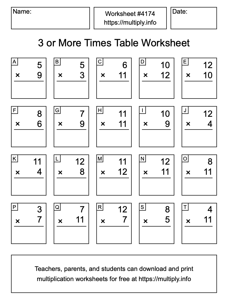 3 or more Times Table Worksheet #4174