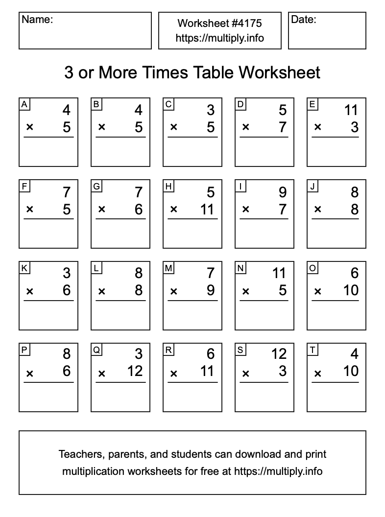 3 or more Times Table Worksheet #4175