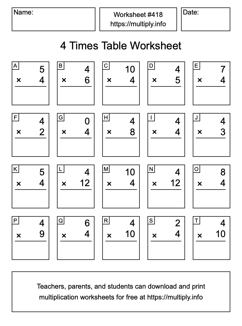 4 Times Table Worksheet #418