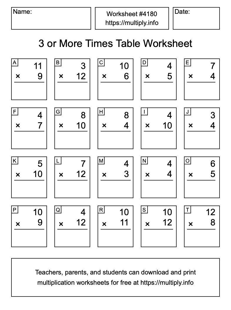 3 or more Times Table Worksheet #4180