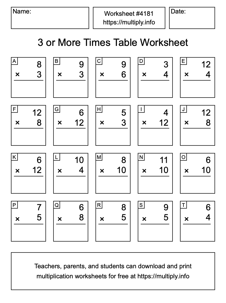 3 or more Times Table Worksheet #4181