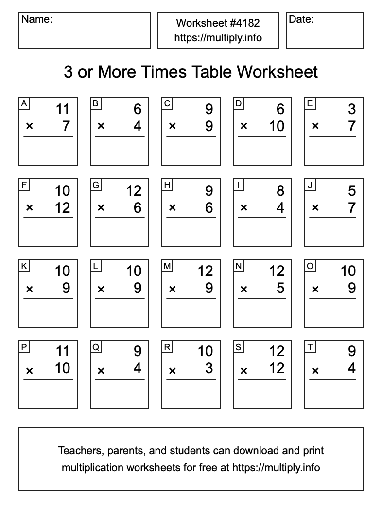 3 or more Times Table Worksheet #4182