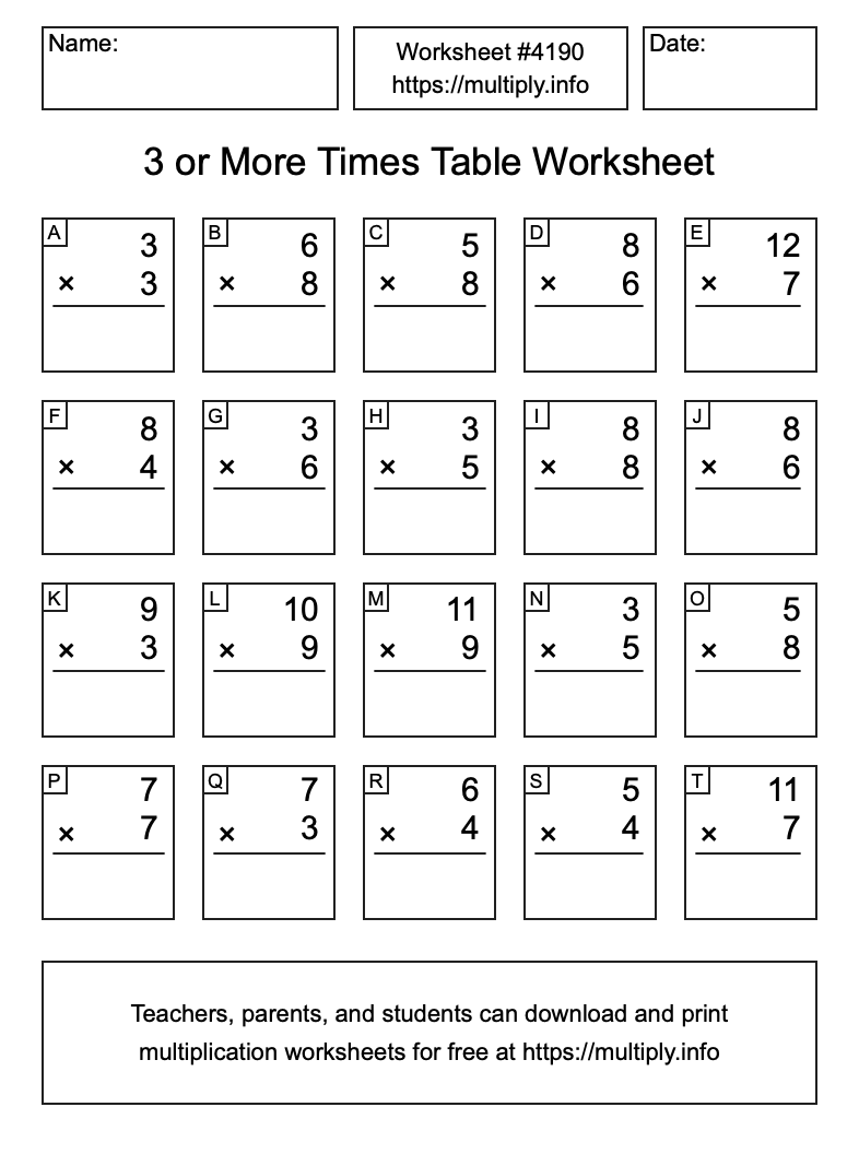 3 or more Times Table Worksheet #4190