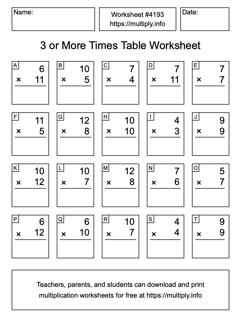 3 or more Times Table Worksheet #4193